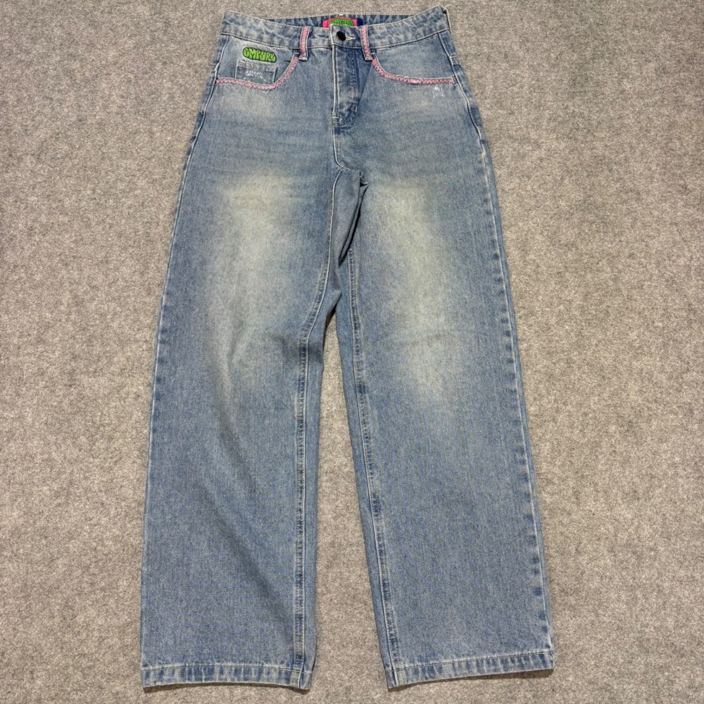 Empyre Loose Fit Light Wash Jeans Pink Bow Embroidery Wide Leg Size 0